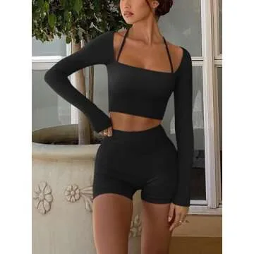 LASLULU Long Sleeve Workout Tops for Women Sexy Square Neck Crop Tops Cropped T Shirts Exercise Going Out Tops with Built in Bra(Black Medium)