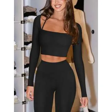 LASLULU Long Sleeve Workout Tops for Women Sexy Square Neck Crop Tops Cropped T Shirts Exercise Going Out Tops with Built in Bra(Black Medium)