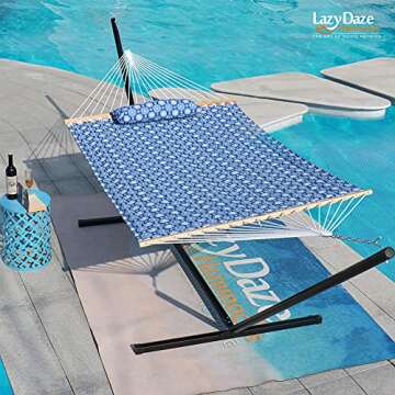 Lazy Daze Hammocks 12 FT Double Quilted Fabric Hammock with Spreader Bars and Detachable Pillow, 2 P...