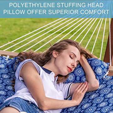 Lazy Daze Hammocks 12 FT Double Quilted Fabric Hammock with Spreader Bars and Detachable Pillow, 2 Person Hammock for Outdoor Patio Backyard Poolside, 450 LBS Weight Capacity, Blue Floral,HM003648