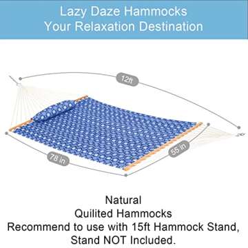 Lazy Daze Hammocks 12 FT Double Quilted Fabric Hammock with Spreader Bars and Detachable Pillow, 2 Person Hammock for Outdoor Patio Backyard Poolside, 450 LBS Weight Capacity, Blue Floral,HM003648