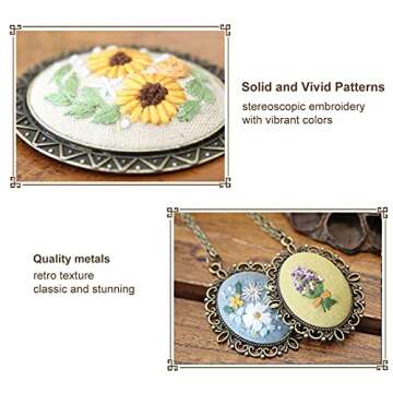 ZOCONE 4 Packs Embroidery Necklace Kit, Embroidery Pendant Kit Mini Cross Stitch Kit with Hoop, Necklace, Pendant, Stamped Pattern Cloth, Instructions, etc., Embroidery Kit for Adults