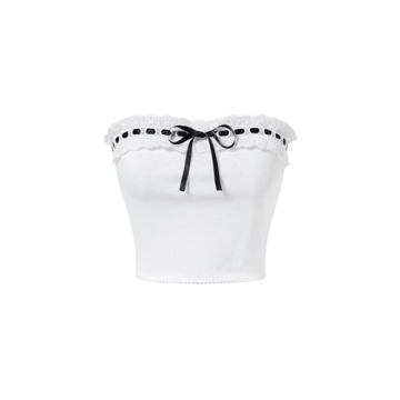 MakeMeChic Women's Casual Color Block Cropped Bandeau Summer Shirt with Lace Trim