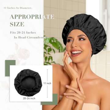 Reusable Shower Cap for Women, Large Waterproof Shower Bonnet Washable Elastic Band Bath Hair Hat for Long Hair, Braids(Black)