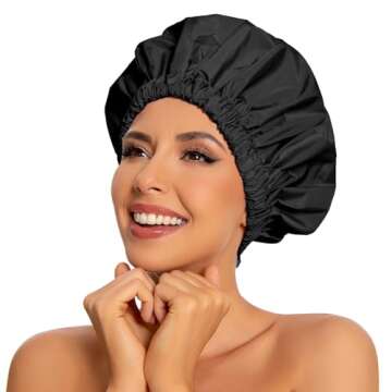 Reusable Shower Cap for Women, Large Waterproof Shower Bonnet Washable Elastic Band Bath Hair Hat for Long Hair, Braids(Black)