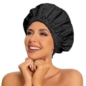 Reusable Shower Cap for Women, Large Waterproof Shower Bonnet Washable Elastic Band Bath Hair Hat for Long Hair, Braids(Black)
