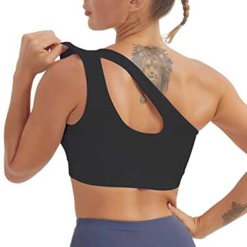 Left One Shoulder Sports Bra, Sexy Cute Workout Yoga Top Padded Removable Post-Surgery Wirefree Medium Support (Black)
