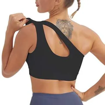 Left One Shoulder Sports Bra, Sexy Cute Workout Yoga Top Padded Removable Post-Surgery Wirefree Medium Support (Black)