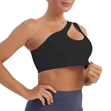 Left One Shoulder Sports Bra, Sexy Cute Workout Yoga Top Padded Removable Post-Surgery Wirefree Medium Support (Black)