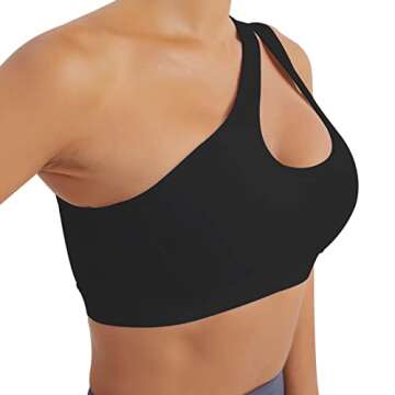 Left One Shoulder Sports Bra, Sexy Cute Workout Yoga Top Padded Removable Post-Surgery Wirefree Medium Support (Black)