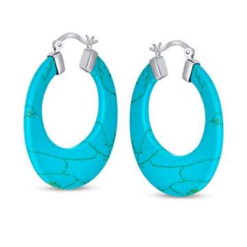 Wide Flat Blue Turquoise Gemstone Large Oval Hoop Earrings For Women Teen .925 Sterling Silver More ...