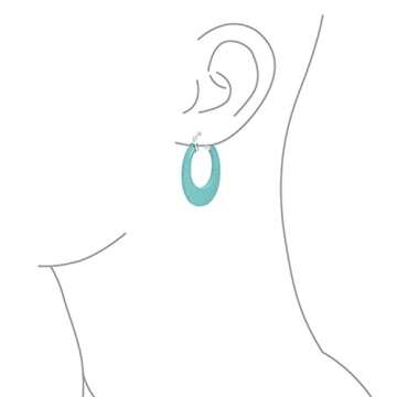 Wide Flat Blue Turquoise Gemstone Large Oval Hoop Earrings For Women Teen .925 Sterling Silver More Colors 1.5 Inch Diameter