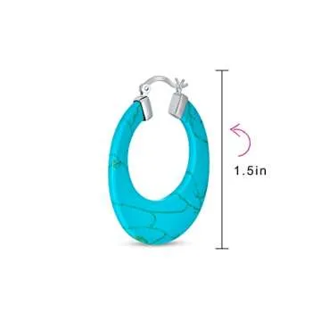 Wide Flat Blue Turquoise Gemstone Large Oval Hoop Earrings For Women Teen .925 Sterling Silver More Colors 1.5 Inch Diameter