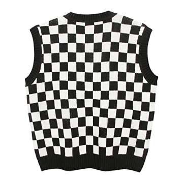 Gulajia Women's V-Neck Knit Sweater Vest Oversized Sleeveless Loose 90s Waistcoat Pullover Checkerboard Plaid Sweater Vest Black S
