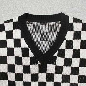 Gulajia Women's V-Neck Knit Sweater Vest Oversized Sleeveless Loose 90s Waistcoat Pullover Checkerboard Plaid Sweater Vest Black S