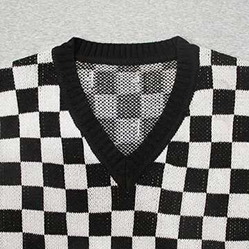 Gulajia Women's V-Neck Knit Sweater Vest Oversized Sleeveless Loose 90s Waistcoat Pullover Checkerboard Plaid Sweater Vest Black S