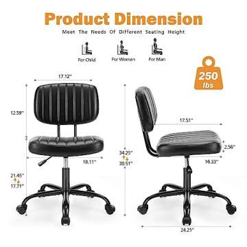 Sweetcrispy Small Office Desk Chair - Armless Comfy Computer Chair with Lumbar Support, PU Leather, ...
