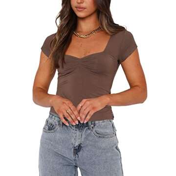 Women Summer Short Sleeve Top Y2K Square Neck Shirt Tee Basic Cute Slim Fitted Crop Top Blouse(B-Brown,S)