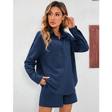 Zeagoo Womens 2 Piece Outfits Lounge Sets Cotton Linen Long Sleeve V-Neck Shirt and Mini Shorts With Pockets
