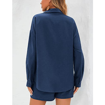 Zeagoo Womens 2 Piece Outfits Lounge Sets Cotton Linen Long Sleeve V-Neck Shirt and Mini Shorts With Pockets