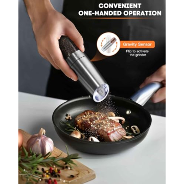 AmuseWit Gravity Electric Salt and Pepper Grinder Set [White Light] - Battery Operated Automatic Pepper and Salt Mills,Adjustable Coarseness,One-Handed Operation,Stainless Steel