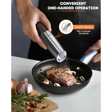 AmuseWit Gravity Electric Salt and Pepper Grinder Set [White Light] - Battery Operated Automatic Pepper and Salt Mills,Adjustable Coarseness,One-Handed Operation,Stainless Steel