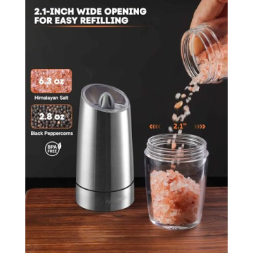 AmuseWit Gravity Electric Salt and Pepper Grinder Set [White Light] - Battery Operated Automatic Pepper and Salt Mills,Adjustable Coarseness,One-Handed Operation,Stainless Steel