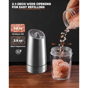 AmuseWit Gravity Electric Salt and Pepper Grinder Set [White Light] - Battery Operated Automatic Pepper and Salt Mills,Adjustable Coarseness,One-Handed Operation,Stainless Steel