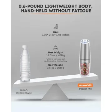 AmuseWit Gravity Electric Salt and Pepper Grinder Set [White Light] - Battery Operated Automatic Pepper and Salt Mills,Adjustable Coarseness,One-Handed Operation,Stainless Steel