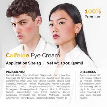 Caffeine Eye Cream For Anti Aging, Dark Circles, Bags, Puffiness. Great Under Eye Skin + Face Tightening, Eye Lift Treatment For Men & Women 1.7oz