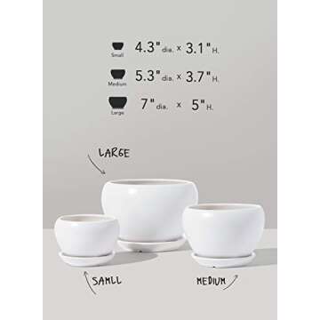 LE TAUCI Plant Pot with Drainage Hole and Saucer, 5.7+4.5+3.5 Inch Ceramic Planter Pots, Small to Large Sized, Flower Pot for Indoor Plants, Garden Patio Decor, Set of 3, White (Plants not Included)