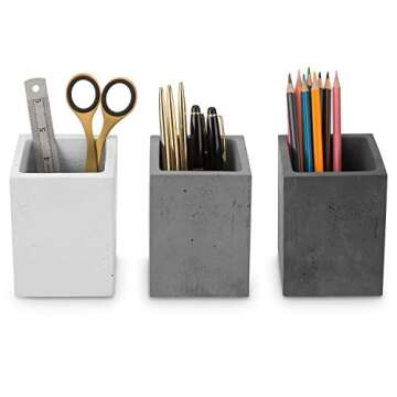 MyGift Modern Gray-Tone Concrete Desktop Pencil Holder Cup and Pen Holder, Office Stationery Organizer, Set of 3