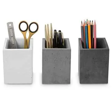 MyGift Modern Gray-Tone Concrete Desktop Pencil Holder Cup and Pen Holder, Office Stationery Organizer, Set of 3