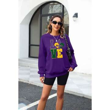 FASHGL Mardi Gras Sweatshirt Women Carnival Glitter Patch Shirt Saints New Orleans Pullover Mardi Gr...