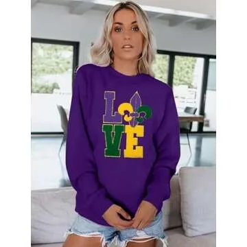 FASHGL Mardi Gras Sweatshirt Women Carnival Glitter Patch Shirt Saints New Orleans Pullover Mardi Gras Day Tee Tops Purple