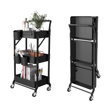 DTK 3 Tier Foldable Metal Rolling Cart with Handle and Wheels for Easy Storage