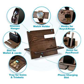 TESLYAR Gifts for Men Wood Phone Docking Station Ash Key Hooks Holder Wallet Stand Watch Organizer Men Husband Nightstand Purse Tablet Boyfriend Father Graduation Male Gadgets