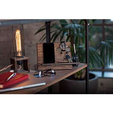 TESLYAR Gifts for Men Wood Phone Docking Station Ash Key Hooks Holder Wallet Stand Watch Organizer Men Husband Nightstand Purse Tablet Boyfriend Father Graduation Male Gadgets