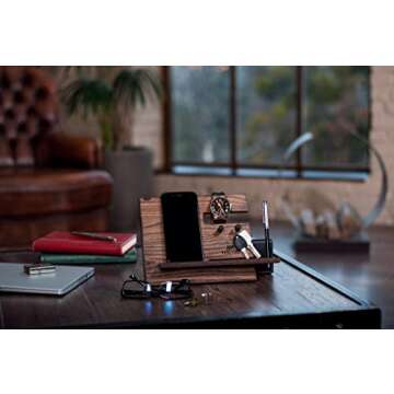 TESLYAR Gifts for Men Wood Phone Docking Station Ash Key Hooks Holder Wallet Stand Watch Organizer Men Husband Nightstand Purse Tablet Boyfriend Father Graduation Male Gadgets