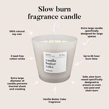 Hidden Label Large Scented Candle, Vanilla Butter Cake, 30oz 3 Wick Huge Candle, Serene Collection Slow Burn Natural Soy Candles for Home Scented