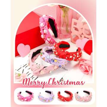 Yuxung 4 Pack Valentines Day Knotted Headbands, Pearl Crystal Gemstone Heart Shape Jewelry Headbands for Women, Fashionable Retro Headbands for Valentine Party Dating Head Accessories