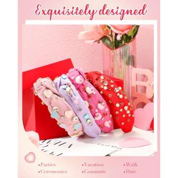 Yuxung 4 Pack Valentines Day Knotted Headbands, Pearl Crystal Gemstone Heart Shape Jewelry Headbands for Women, Fashionable Retro Headbands for Valentine Party Dating Head Accessories