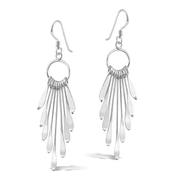AeraVida Shimmering Fan Statement Sterling Silver Dangle Earrings, 0.79x2.28 in