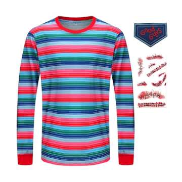 Tuoweey Halloween Costume for Men Horror Rainbow Striped Tee Casual Long Sleeve Shirt Tops (Striped-...