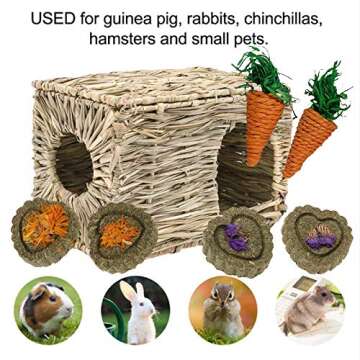 kathson 2 Pcs Rabbit Grass House Natural Foldable Hand Woven Seagrass Bed Carrot Hay Toy Hut Safe Co...