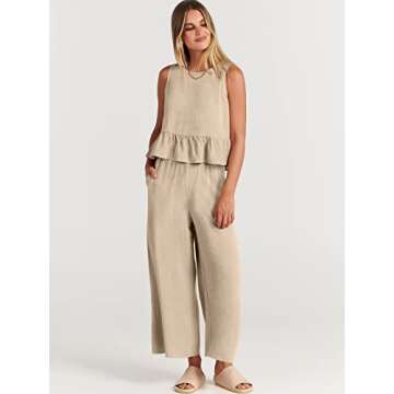 ANRABESS Women Summer 2 Piece Outfits Sleeveless Tank Crop Top Wide Leg Pants Linen Jumpsuits Lounge Matching Beach Sets Apricot Medium