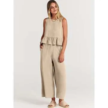 ANRABESS Women Summer 2 Piece Outfits Sleeveless Tank Crop Top Wide Leg Pants Linen Jumpsuits Lounge Matching Beach Sets Apricot Medium