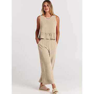 ANRABESS Women Summer 2 Piece Outfits Sleeveless Tank Crop Top Wide Leg Pants Linen Jumpsuits Lounge Matching Beach Sets Apricot Medium