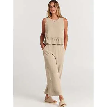 ANRABESS Women Summer 2 Piece Outfits Sleeveless Tank Crop Top Wide Leg Pants Linen Jumpsuits Lounge Matching Beach Sets Apricot Medium
