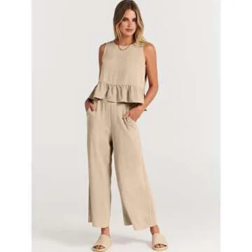 ANRABESS Women Summer 2 Piece Outfits Sleeveless Tank Crop Top Wide Leg Pants Linen Jumpsuits Lounge Matching Beach Sets Apricot Medium